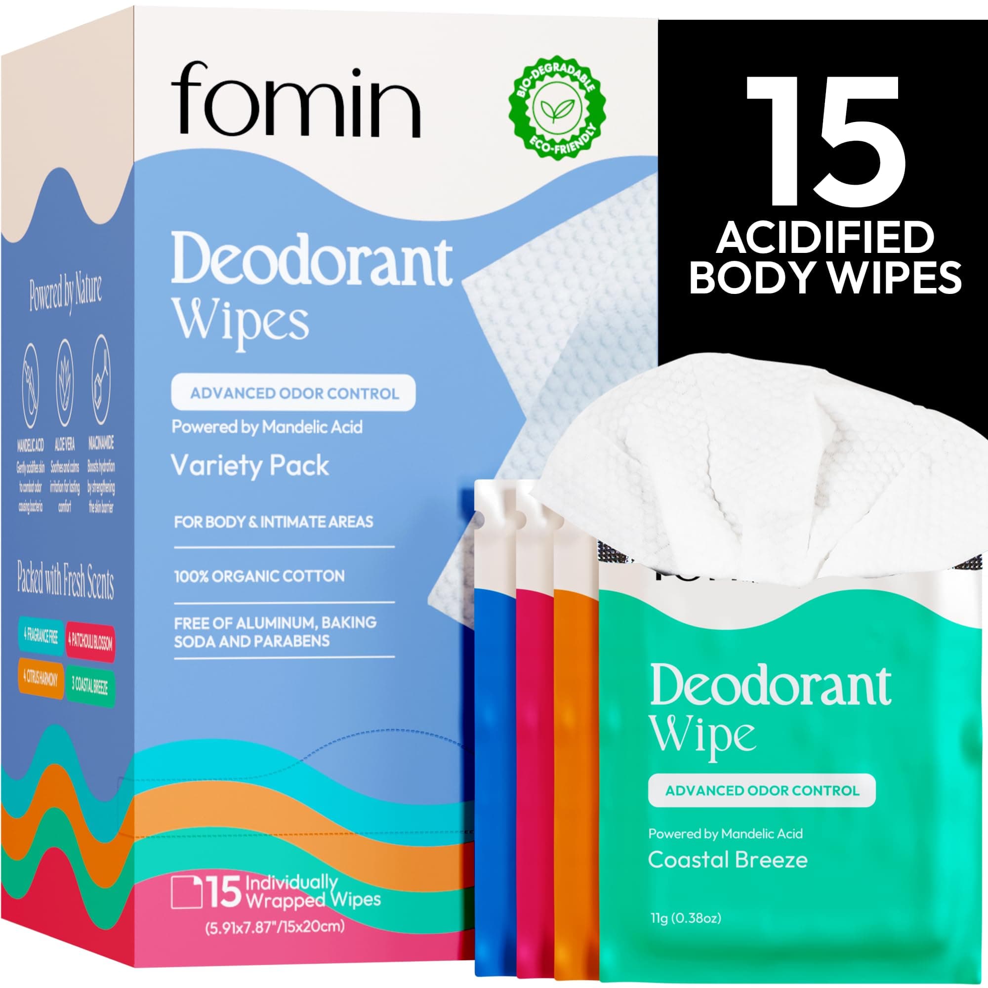 FOMIN Toallitas desodorantes acidificadas de viaje para mujeres y hombres - 15 unidades